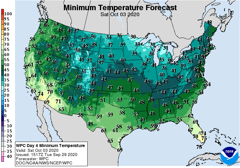Saturday morning low temperature outlook